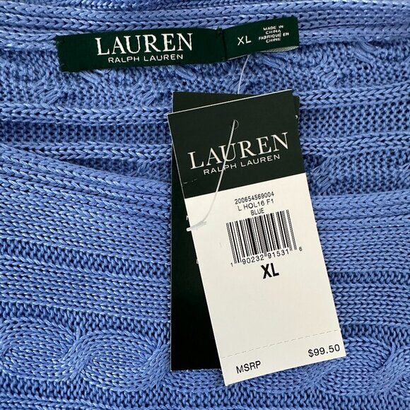 NWT Lauren Ralph Lauren Blue Cotton Blend Boat Neck Cable Knit Sweater XL RP $99 - Picture 13 of 15